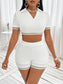 Waffle-Knit Collared Neck Cropped Top and Shorts Set