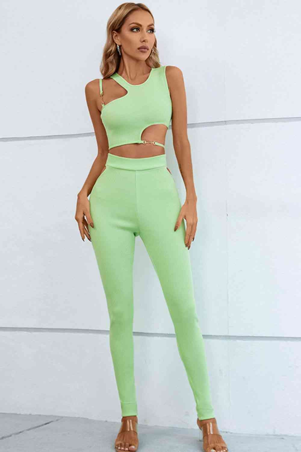 Asymmetrical Ribbed Cutout Tank and Pants Set